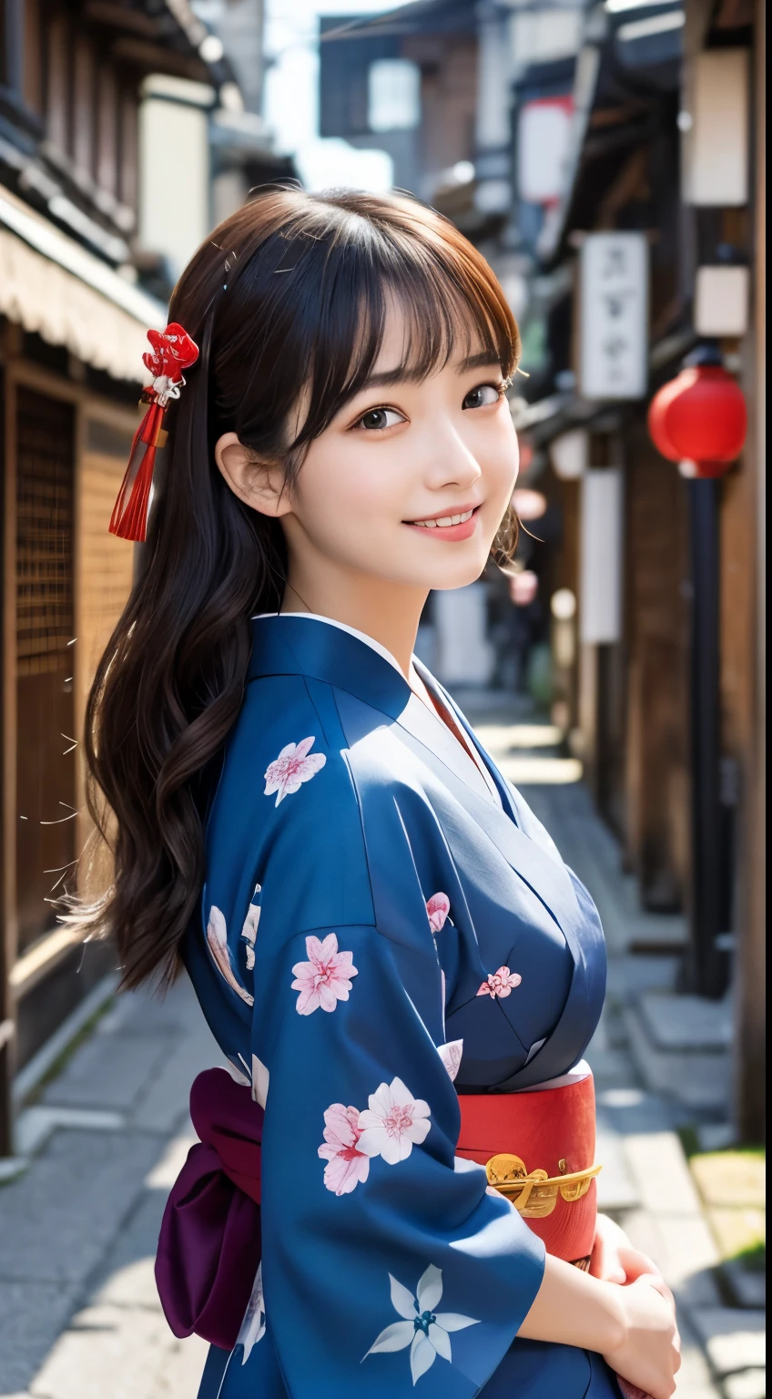 Professional Lighting,(Realistic:1.4), (Top image quality:1.0), (超High resolution:1.0), 8k, Raw photography, (masterpiece:0.2), (Dealing with the Children_v1:0.5)、(最高quality Detail:1.2)、Realistic、8kウルトラHD、High resolution、(1 girl:1.2)、超detailedな、High quality textures、複雑なdetailed、detailed、Very detailed CG、High quality shadows、detailed 美しく繊細な顔、Beautiful details and a delicate eye、(Symmetrical eyes:1.2),Written boundary depth、Ray Tracing,1 girl, Japanese Girls, (Natural smile:1.4),cute, thin, Portrait of a beautiful Japanese woman in a kimono, Standing elegantly on a street corner in Kyoto. Kimono with vibrant traditional patterns, Hair decorated with elegant and delicate hairpins, Gentle expression. (With the old streets of Kyoto in the background:1.4)、The soft light of a spring afternoon、Adding tranquility to the scene. Rendered in a Realistic style with great attention to detail, High resolutionの画像.Sky Porn, Magic Hour, (Realistic:1.3), finely, quality, (Tabletop:1.2), (Realistic:1.2), (最高quality), (複雑なdetailed), dramatic, Ray Tracing, photograph, +roller