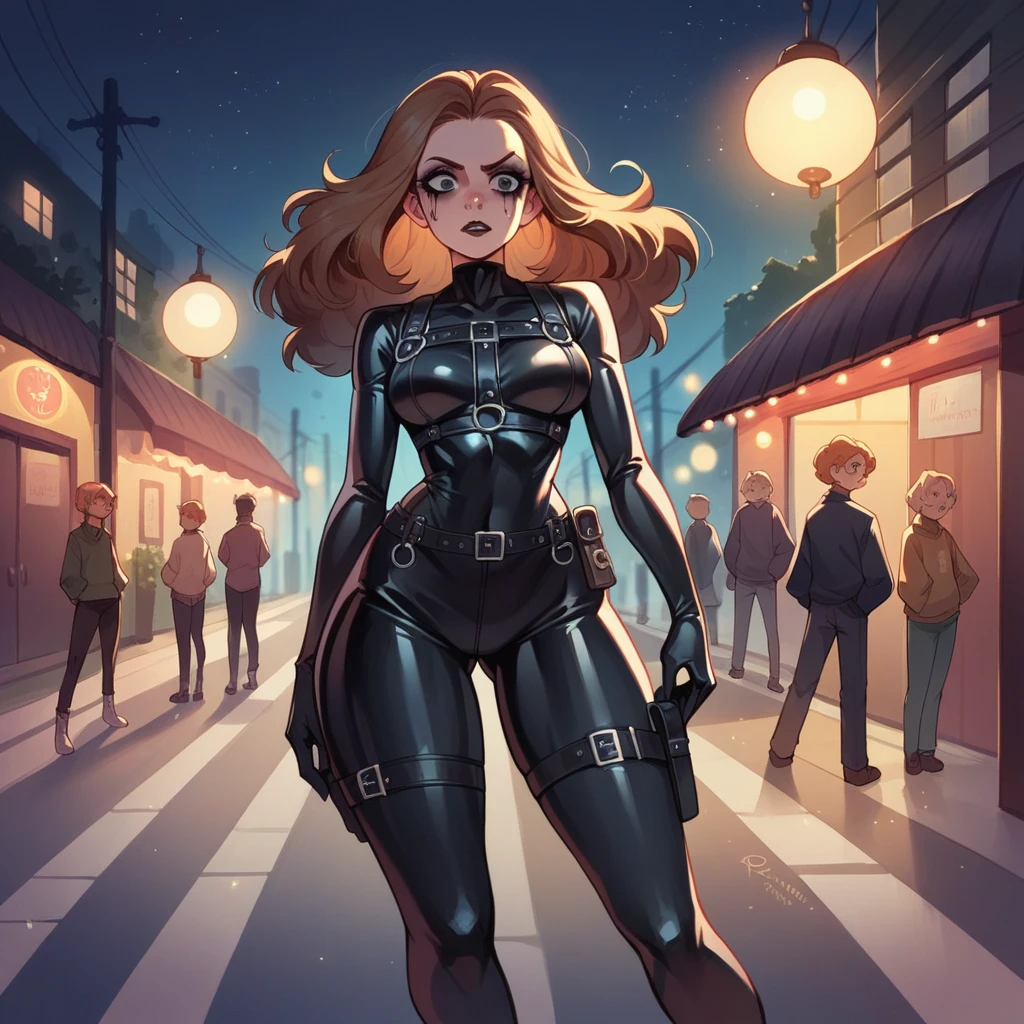 Extremely detailed, very sharp, best quality, female, Sophie Thatcher face, black rider latex suit, tall and lean body, harness, night, night street, lights, very short black haircut, dark makeup, pauldrons, holster,