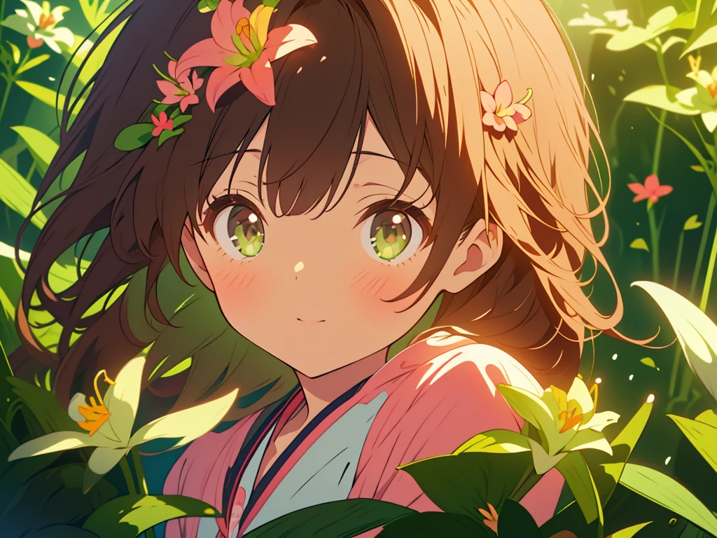 kawaii, anime, Cute, hyper quality, highly detailed, 8k, Clarity, Draw facial expressions in detail, Girl with long dark brown hair and green eyes, small pink lily flower, highlight on eyes, whole body, Dignity, longing for the future, no background, 