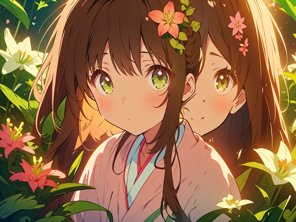 kawaii, anime, Cute, hyper quality, highly detailed, 8k, Clarity, Draw facial expressions in detail, Girl with long dark brown hair and green eyes, small pink lily flower, highlight on eyes, whole body, Dignity, longing for the future, no background,