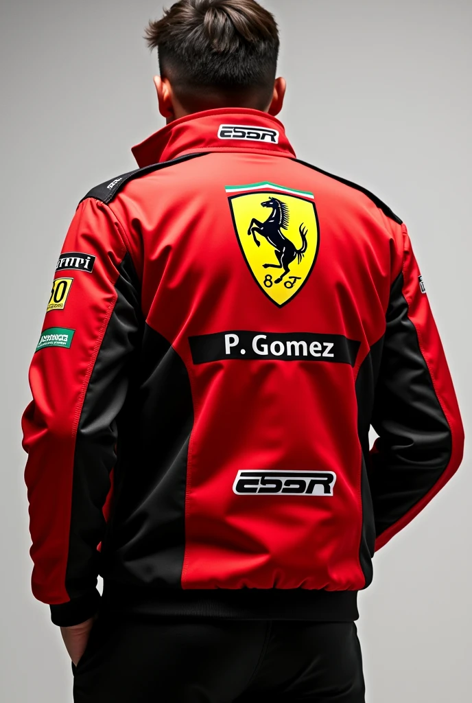 Red Ferrari jacket, yellow, black and white with a stallion logo on the back in the center above it that says P. Gomez at the top ,on the left sleeve there is a 30, On the front of the jacket on the left side it says EPSR with the Ferrari font ( to see the front and the back)