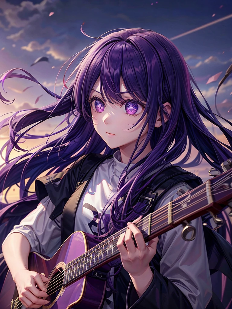 look up, Purple Hair, Purple eyes, Shining Eyes, Sniper rifle, Long hair blowing in the wind, Perfect composition, 8k、Playing guitar、live、