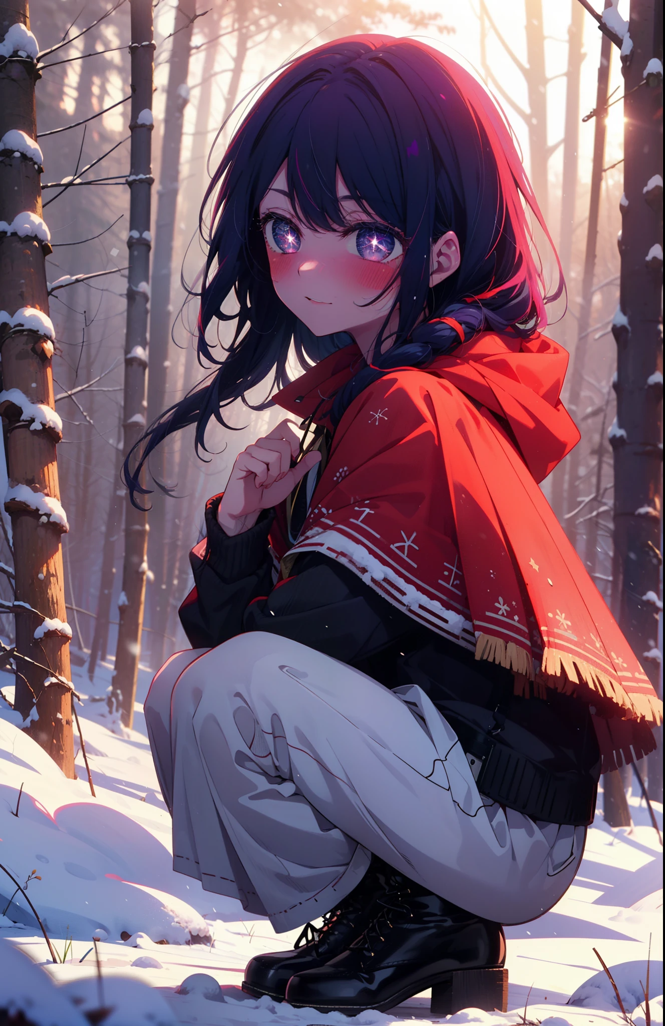 aihoshino, Ai Hoshino, Long Hair, bangs, (Purple eyes:1.1), Purple Hair, (Symbol-shaped pupil:1.5), smile,,smile,blush,white breath,
Open your mouth,snow,Ground bonfire, Outdoor, boots, snowing, From the side, wood, suitcase, Cape, Blurred, , forest, White handbag, nature, Squat, Mouth closed, Cape, winter, Written boundary depth, Black shoes, red Cape break looking at viewer, Upper Body, whole body, break Outdoor, forest, nature, break (masterpiece:1.2), Highest quality, High resolution, unity 8k wallpaper, (shape:0.8), (Beautiful and beautiful eyes:1.6), Highly detailed face, Perfect lighting, Extremely detailed CG, (Perfect hands, Perfect Anatomy),