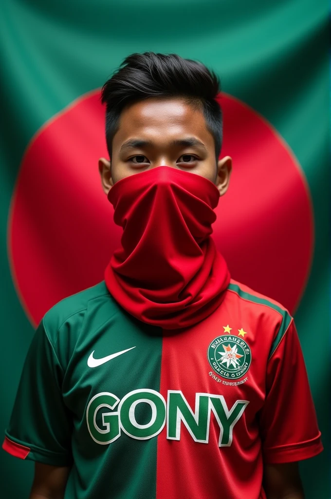 A17— year –boy in Front of the Bangladesh flag on the back.wearing the Jersey of Bangladesh. the Jersey has' GONY WRITTEN in English and the face and eyes covered in red cloth