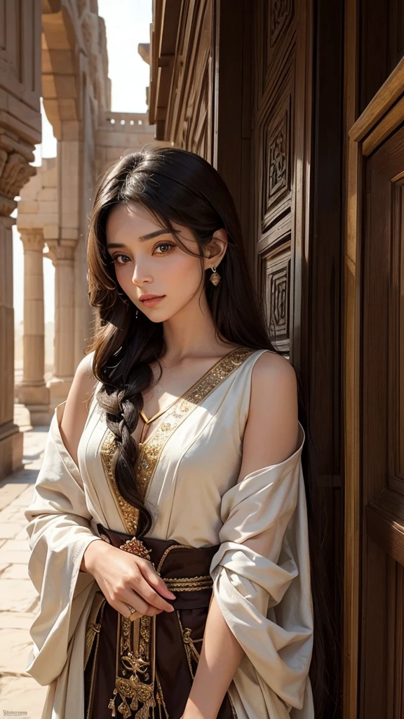 Ancient persian young beautiful woman with dark brown long with smooth curls. She has light brown eyes. She is dressed in a typical ancient persian desert princess outfit. She stands in front of her family's royale place. Her face is smoothly mature but still young and beautiful. She has some lara croft shape face. Her nose is not that small. She has sensual face and expression. She is not smiling, just staring sensually to the camera. Square jawbone