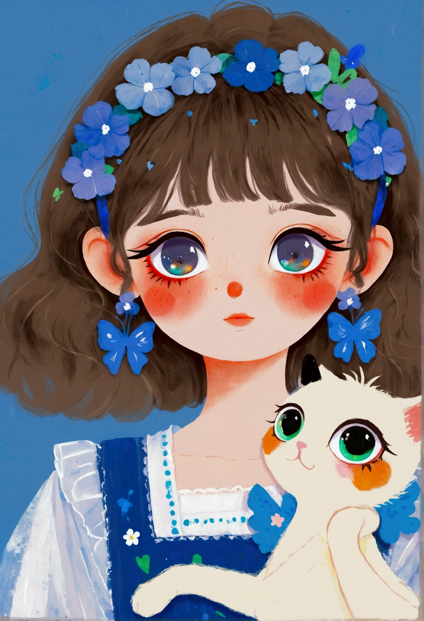 Cute little girl in blue dress，Big blue eyes。Lovely art style,  Lovely and detailed digital art, Cute numbers艺术, splash art anime Change, Hand drawn cartoon art style,Lovely artwork, Kawaii realistic portrait, Change, Cute numbers, Lovely portrait, Kasuga, Lovely characters, Cute, colorful and adorable