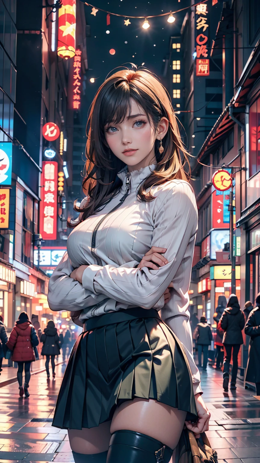 (1 female), unmanned, no one, landscape, winter, Christmas, city, Tokyo, Sidewalk, snow, light up, night, HD detailed, Super detailed, movie, Hyperrealism, Soft Light, Deep Focus Bokeh, Ray Tracing, Art Station pixivgwise, Makoto Shinkai, ArtJam、Micro Pleated Skirt、High Knee Socks、High neck zipper up top、Knee-high boots、Arms crossed、Realistic Breasts(Sagging due to gravity)、smile、Silver Hair、Green inner color