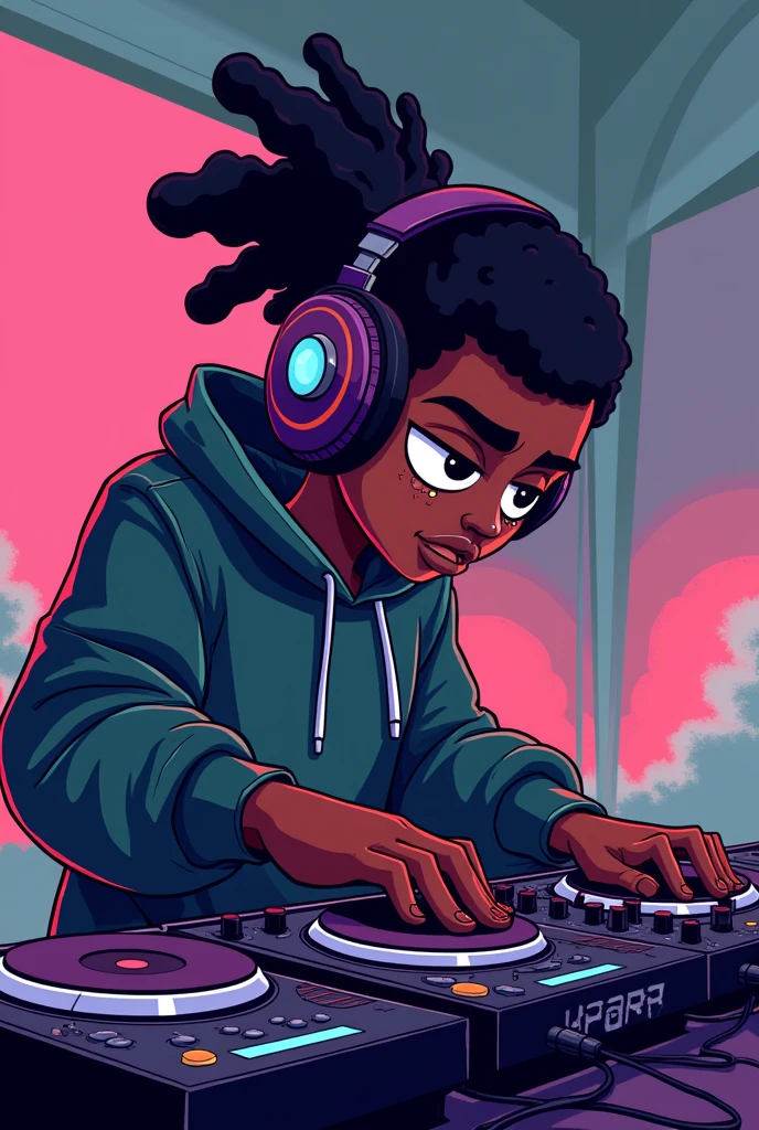 Cartoon 8bit black guy with headphones on making hiphop beats