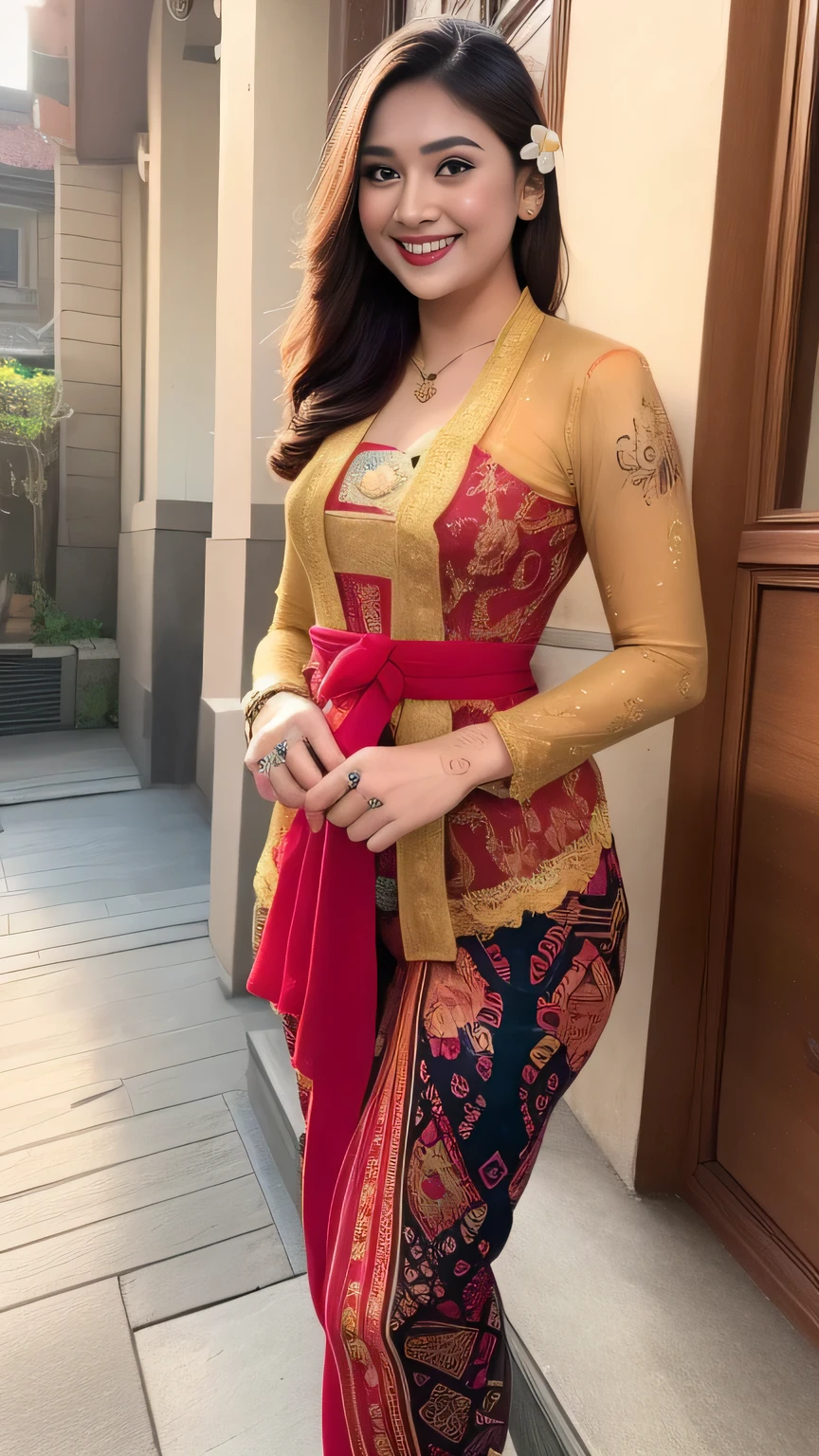 k portrait of beautiful cyborg with brown hair, ((smiling)), ((tattoos)), photography, portrait of gadis_jelita wearing kebaya_bali in red_kebaya_bali, red lipstick, detail, flowers, blurry background, soft focus, (masterpiece, sidelighting, finely detailed beautiful eyes: 1.2), hdr (fullbody:1.2),(foot:1),8k, RAW photo, best quality, (masterpiece:1.2), (realistic:1.3), (photorealistic:1.3), ultra-detailed, (high detailed skin:1.2), 8k uhd, dslr, soft lighting, high quality, film grain, Fujifilm XT3, best quality, beautiful lighting, handsome,(1boy:1.2),muscle,