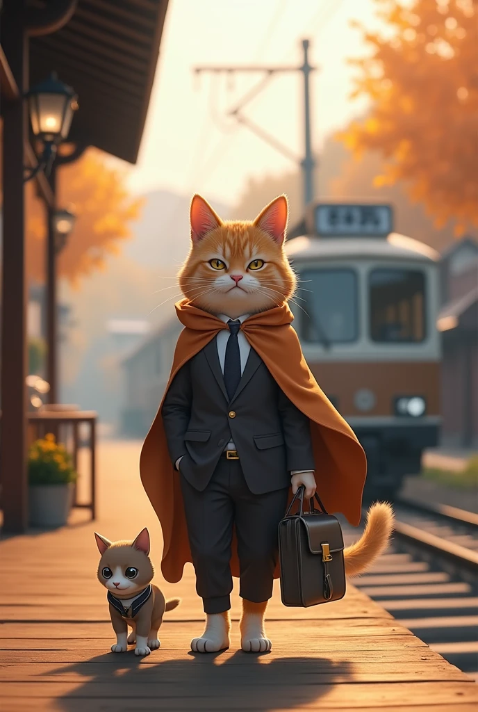 35mm lens,Cat,Standing,doll,Carrying a small school bag,Japanese style,tram,Hokkaido,Autumn Station,Wooden house,Platform, cloak,Ruan Jia,Suit,tie,花Cat,Stupid Dog,肌肉发达的雄Cat, (Delicate face), (Fine fluffy fur)
