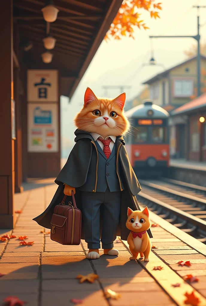 35mm lens,Cat,Standing,doll,Carrying a small school bag,Japanese style,tram,Hokkaido,Autumn Station,Wooden house,Platform, cloak,Ruan Jia,Suit,tie,花Cat,Stupid Dog,肌肉发达的雄Cat, (Delicate face), (Fine fluffy fur)