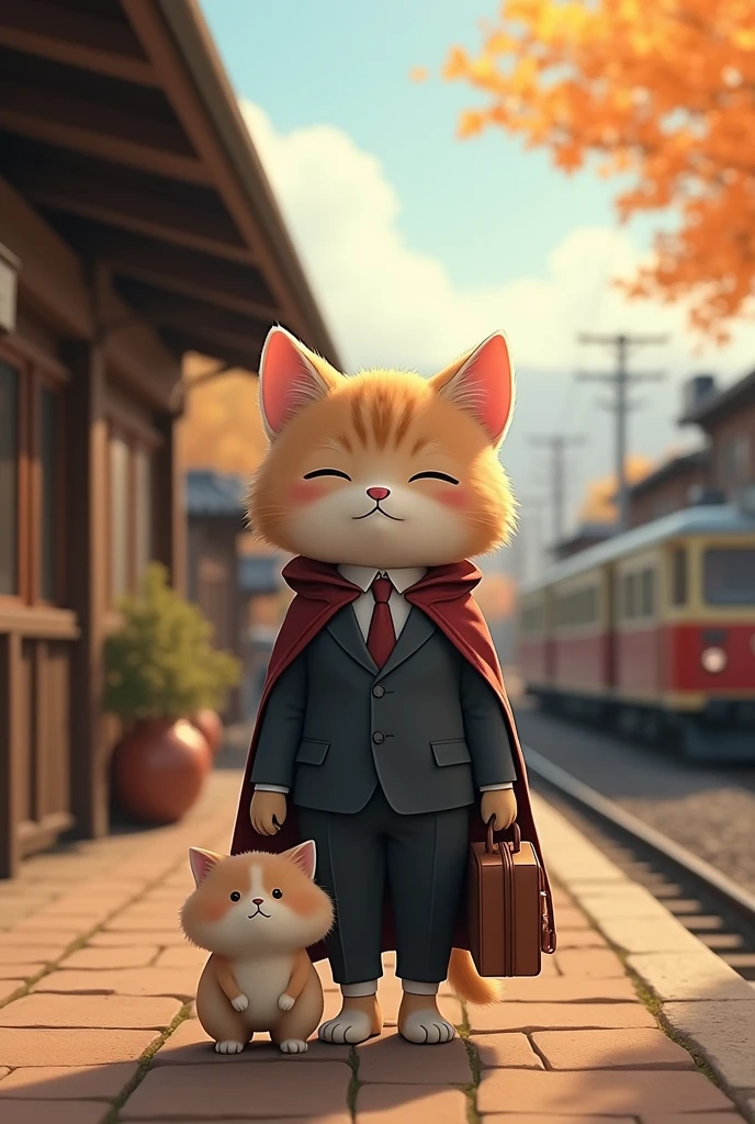 35mm lens,Cat,Standing,doll,Carrying a small school bag,Japanese style,tram,Hokkaido,Autumn Station,Wooden house,Platform, cloak,Ruan Jia,Suit,tie,花Cat,Stupid Dog,肌肉发达的雄Cat, (Delicate face), (Fine fluffy fur)