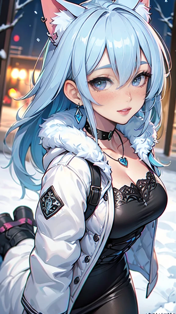 Masterpiece, beautiful art, professional artist, 8k, art style by sciamano240, very detailed face, very detailed hair, very detailed clothes, 1girl, perfectly drawn body, beautiful face, long hair, light blue hair , very detailed blue vertical cat eyes, square glasses, pouty lips , rosey cheeks, intricate details in eyes, extreme close up of face, see only head and neck, staring directly at viewer, wearing cute winter clothes, winter coat, necklace, choker, earrings, gloves, pencil skirt, black tigh boots, some freckles, big wide grin, in love with the viewer expression, sunny winter setting, walking outside,