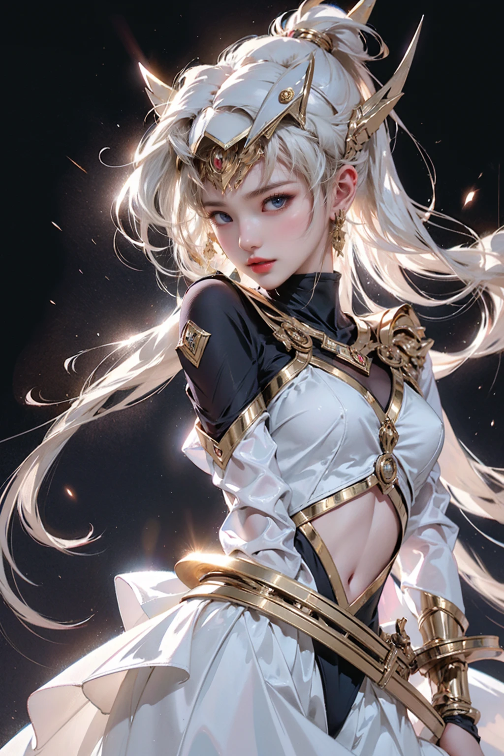 A captivating minimalist sketch depicting a futuristic female ninja. She wears a sleek outfit of silver and gold, at the center of which is an advanced helmet adorned with gadgets and intricate designs. The woman's face remains enigmatic, drawing attention to the exquisite craftsmanship of the helmet. The background is simply drawn in black and white watercolors that complement the dynamic image, allowing for artistic interpretation of colors, shadows and textures, transforming the illustration into a dynamic work of art.