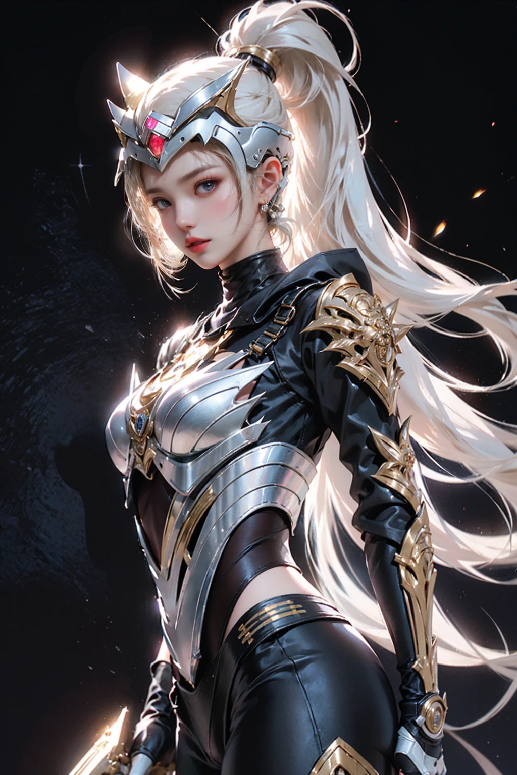 A captivating minimalist sketch depicting a futuristic female ninja. She wears a sleek outfit of silver and gold, at the center of which is an advanced helmet adorned with gadgets and intricate designs. The woman's face remains enigmatic, drawing attention to the exquisite craftsmanship of the helmet. The background is simply drawn in black and white watercolors that complement the dynamic image, allowing for artistic interpretation of colors, shadows and textures, transforming the illustration into a dynamic work of art.