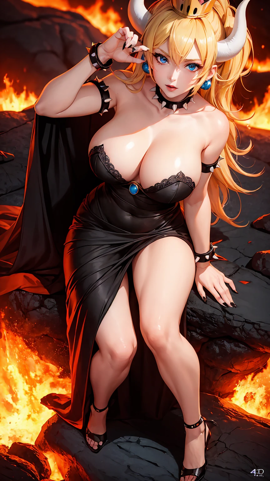 ((high detailed, best quality, 4k, masterpiece, hd:1.3)), ((best quality)), (((HD))), (((8k))), (ultraDH), (ultra HD), Princess Daisy, blue eyes, BREAK blue eyes, seductive, attractive, smooth anime cg art, 36C breasts, long legs, vivid colors, detailed digital art, slim body, perfect skin, dark blonde hair, long hair, blonde hair, blonde hair, BREAK crown, cleavage, 36C cleavage, looking at viewer, BREAK looking at viewer, extremely detailed face, red santa suit, red santa claus suit, santa claus suit, earrings, gem, dark black makeup lips, dark gothic eyeshadows, dark eyeshadows, black eyeshadows, black sexy lips, black lips, (dark:1.2), dark lips, very dark lips, (perfect hands, perfect anatomy), black makeup, black medium lips, black thick lips, detailed fingers, five fingers per hand, 5 fingers, (1 girl), detailed lips, detailed black lips, black painted lips, gothic painted lips, BREAK night, night sky, (breast focus), (arms outstreched:1.2), (from above:1.1), (breasts out:1.3), (off shoulder:1.1), (white horns), (bra), inside a lava castle, she inside a sea of lava, she bathing in lava, full body, perfect long legs, perfect foots, legs and foots into the lava,