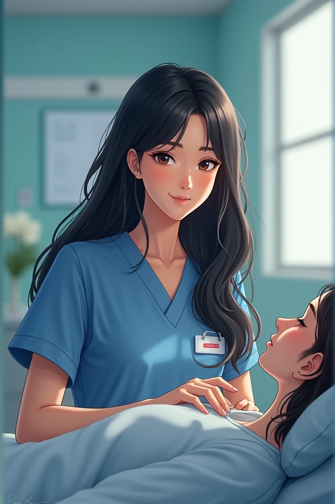 A nurse with long black hair, expressive brown eyes 