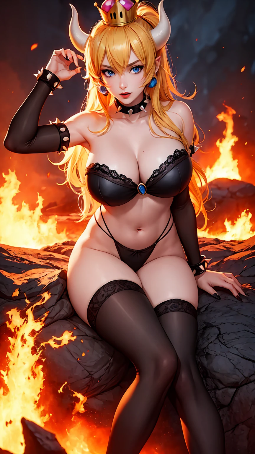 ((high detailed, best quality, 4k, masterpiece, hd:1.3)), ((best quality)), (((HD))), (((8k))), (ultraDH), (ultra HD), Princess Daisy, blue eyes, BREAK blue eyes, seductive, attractive, smooth anime cg art, 36C breasts, long legs, vivid colors, detailed digital art, slim body, perfect skin, dark blonde hair, long hair, blonde hair, blonde hair, BREAK crown, cleavage, 36C cleavage, looking at viewer, BREAK looking at viewer, extremely detailed face, red santa suit, red santa claus suit, santa claus suit, earrings, gem, dark black makeup lips, dark gothic eyeshadows, dark eyeshadows, black eyeshadows, black sexy lips, black lips, (dark:1.2), dark lips, very dark lips, (perfect hands, perfect anatomy), black makeup, black medium lips, black thick lips, detailed fingers, five fingers per hand, 5 fingers, (1 girl), detailed lips, detailed black lips, black painted lips, gothic painted lips, BREAK night, night sky, (breast focus), (arms outstreched:1.2), (from above:1.1), (breasts out:1.3), (off shoulder:1.1), (white horns), (bra), inside a lava castle, she inside a sea of lava, she bathing in lava, full body, perfect long legs, perfect foots, legs and foots into the lava,