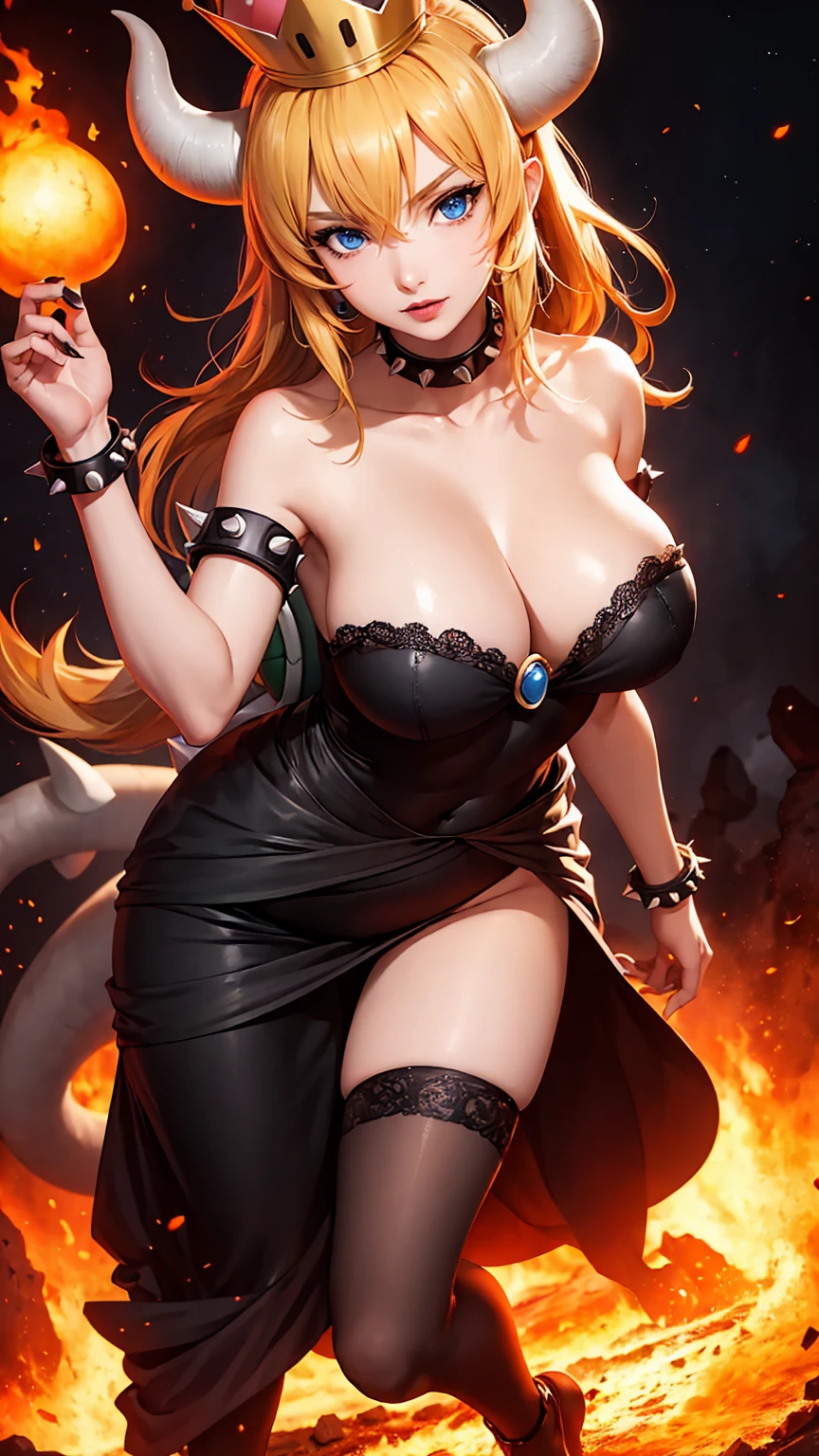 ((high detailed, best quality, 4k, masterpiece, hd:1.3)), ((best quality)), (((HD))), (((8k))), (ultraDH), (ultra HD), Princess Daisy, blue eyes, BREAK blue eyes, seductive, attractive, smooth anime cg art, 36C breasts, long legs, vivid colors, detailed digital art, slim body, perfect skin, dark blonde hair, long hair, blonde hair, blonde hair, BREAK crown, cleavage, 36C cleavage, looking at viewer, BREAK looking at viewer, extremely detailed face, red santa suit, red santa claus suit, santa claus suit, earrings, gem, dark black makeup lips, dark gothic eyeshadows, dark eyeshadows, black eyeshadows, black sexy lips, black lips, (dark:1.2), dark lips, very dark lips, (perfect hands, perfect anatomy), black makeup, black medium lips, black thick lips, detailed fingers, five fingers per hand, 5 fingers, (1 girl), detailed lips, detailed black lips, black painted lips, gothic painted lips, BREAK night, night sky, (breast focus), (arms outstreched:1.2), (from above:1.1), (breasts out:1.3), (off shoulder:1.1), (white horns), (bra), inside a lava castle, she inside a sea of lava, she bathing in lava, full body, perfect long legs, perfect foots, legs and foots into the lava,