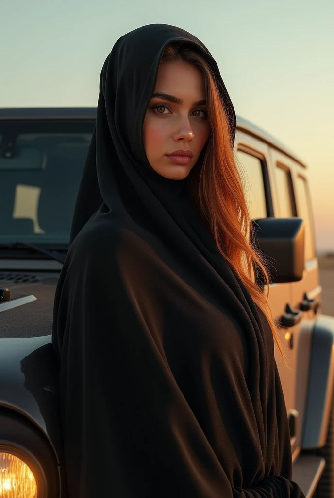 beautiful woman, 26 years old, 170cm tall, 80kg, medium build, Arabian, honey brown hair, dark brown eyes, wearing a black abaya, lending on a jeep car, realistic, photorealistic, hyper detailed, high quality, 8k, masterpiece, intricate details, dramatic lighting, cinematic composition, natural skin tones, volumetric lighting, depth of field, ultra-detailed, physically-based rendering, professional photography