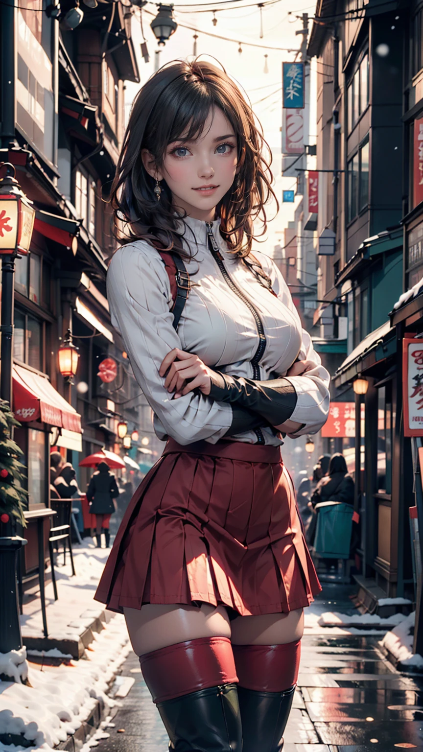 (1 female), unmanned, no one, landscape, winter, Christmas, city, Tokyo, Sidewalk, snow, light up, night, HD detailed, Super detailed, movie, Hyperrealism, Soft Light, Deep Focus Bokeh, Ray Tracing, Art Station pixivgwise, Makoto Shinkai, ArtJam、Micro Pleated Skirt、High Knee Socks、High neck zipper up top、Knee-high boots、Arms crossed、Realistic Breasts(Sagging due to gravity)、smile、Silver Hair、Green inner color