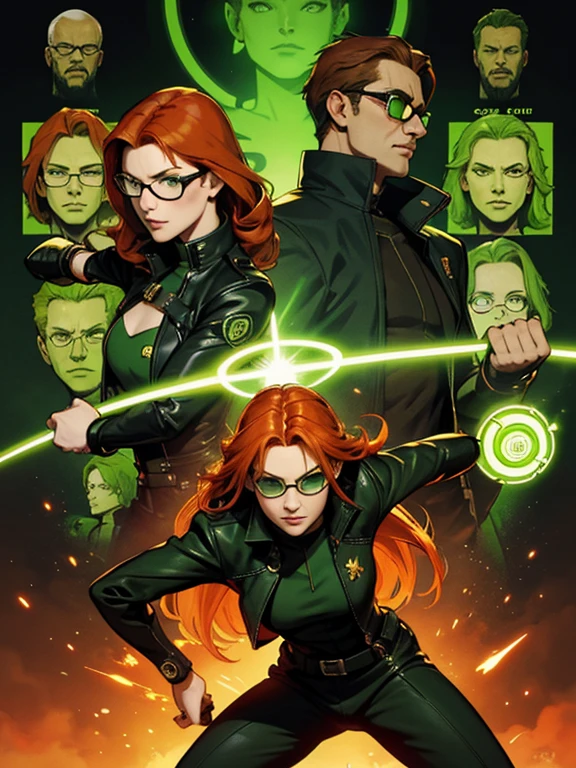 Poster for the film "Matrix, 2 17 year old characters, 1 green-eyed cute girl with fiery orange hair and 1 brown-haired bespectacled guy; dynamic poses, "Matrix" background of green neon hieroglyphs flying down, cinematic lighting