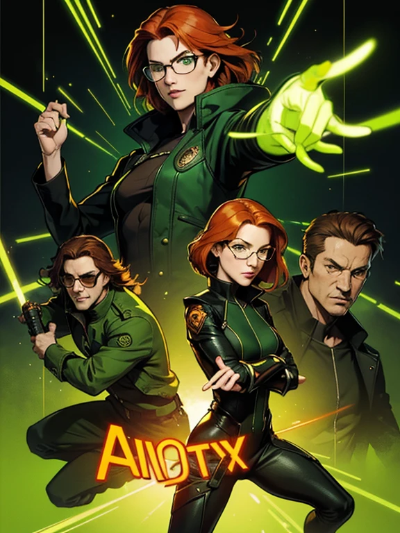 Poster for the film "Matrix, 2 17 year old characters, 1 green-eyed cute girl with fiery orange hair and 1 brown-haired bespectacled guy; dynamic poses, "Matrix" background of green neon hieroglyphs flying down, cinematic lighting