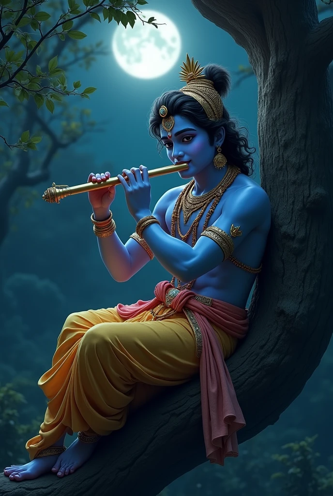 Lord Krishna with a very beautiful body is sitting on a tree at night playing the flute.
