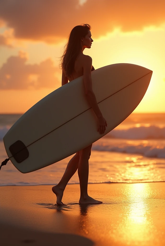 A ((Masterpiece, top quality, high resolution, highly detailed CG unified 8K wallpaper)), (huge stunning goddess shot, very hot and sexy, jaw-dropping beauty, perfect proportions, beautiful body, slim body beauty:1.3), (Naked woman hiding behind a large surfboard, surfer walking on the beach with her surfboard at sunset:1.5), surfing, surf, at the sunset, back lit, surf photography, in the sunset, backlit, standing on surfboards, at the golden hour, at the beach on a sunset, on the beach at sunset, backlite, warm glow, on the beach during sunset, at sunset, morning glow,