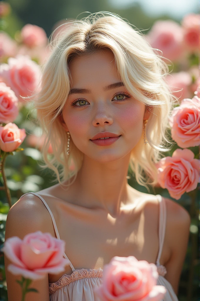 8k, RAW photo, Fujifilm, style photo of a beautiful young woman as avril in a garden of light pink roses (highly detailed skin: 1.2) Style-Petal BREAK short hair, blonde hair with colored locks, wearing a dress, film granulation, 35mm, cute style