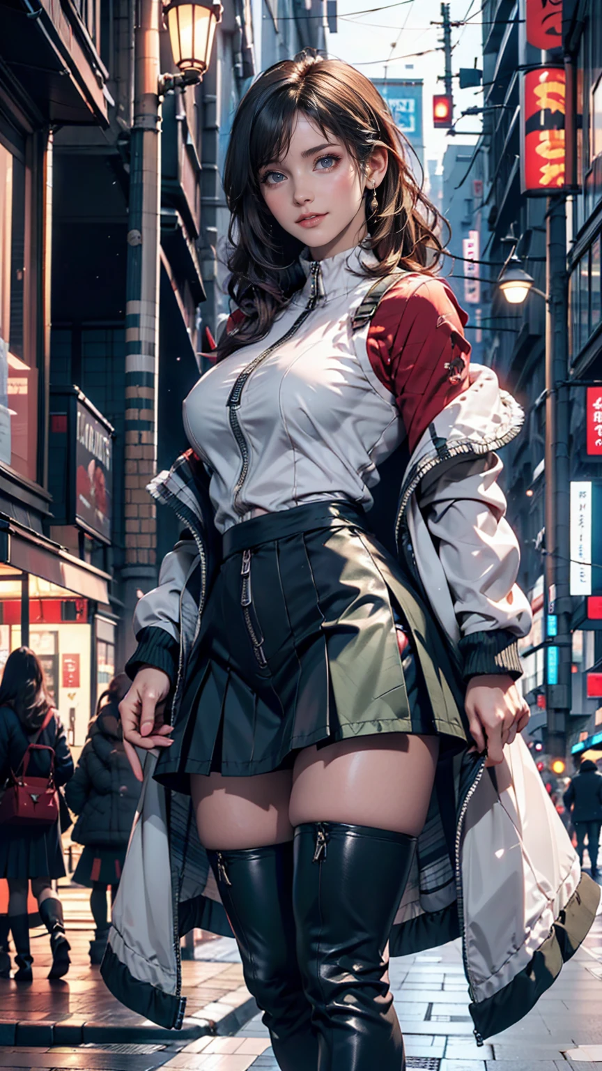 (1 female), unmanned, no one, landscape, winter, Christmas, city, Tokyo, Sidewalk, snow, light up, night, HD detailed, Super detailed, movie, Hyperrealism, Soft Light, Deep Focus Bokeh, Ray Tracing, Art Station pixivgwise, Makoto Shinkai, ArtJam、Micro Pleated Skirt、High Knee Socks、High neck zipper up top、Knee-high boots、Arms crossed、Realistic Breasts(Sagging due to gravity)、smile、Silver Hair、Green inner color