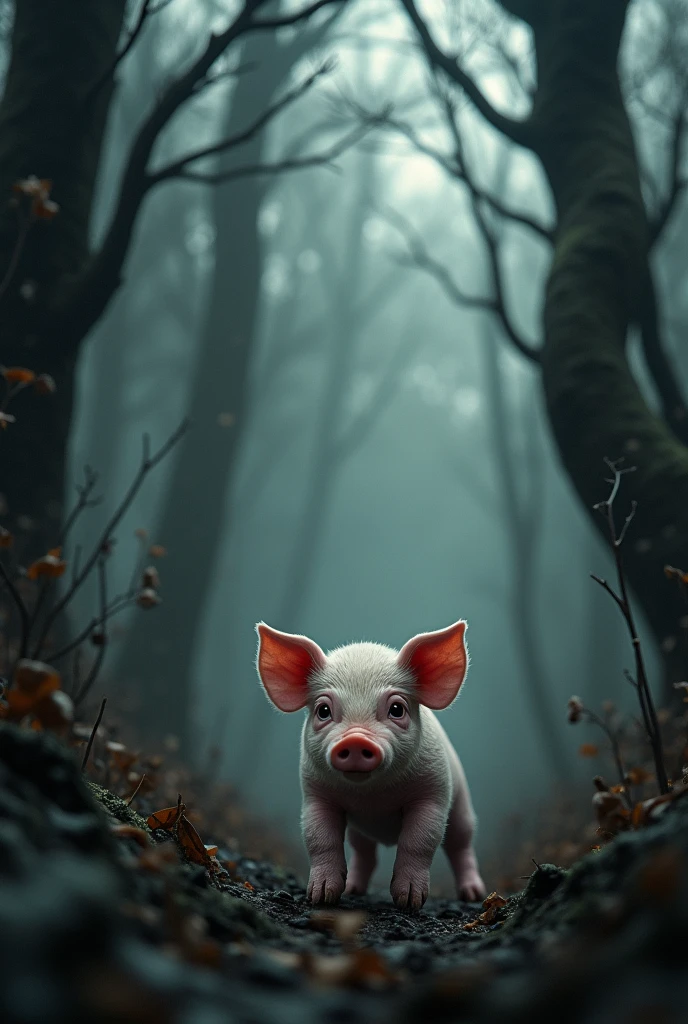 A scared  pig in a scary forest.drawning 