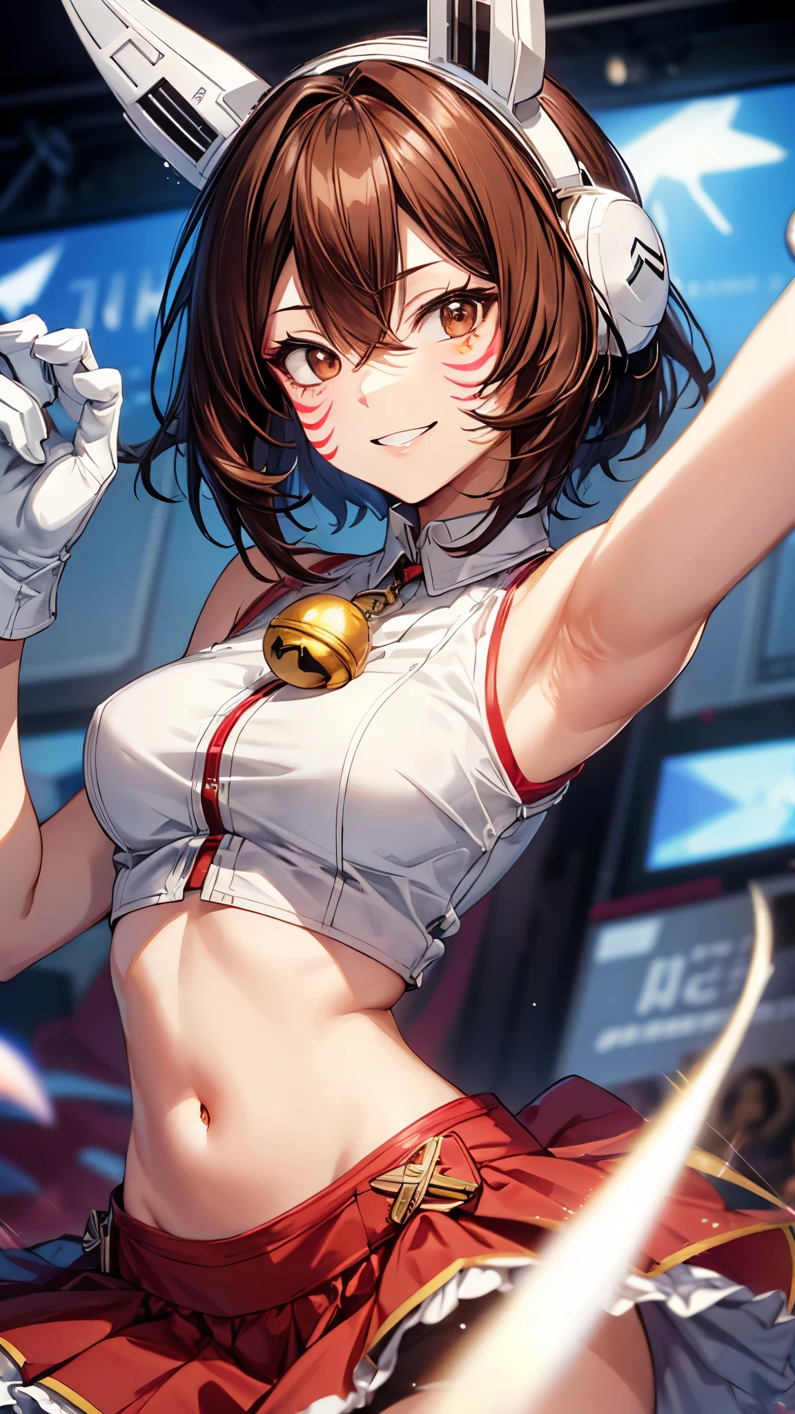 shinososaki, shino sosaki, short hair, brown hair, animal ears, hair between eyes, (brown eyes:1.5), headgear, facial mark, facepaint, smile,gloves, navel, sleeveless, midriff, bell, red skirt, neck bell, animal hands, masterpiece,Noise Reduction,perfect anatomy,high resolution, ultra-detailed, ultra-detailed face,game cg,dutch angle ,beautiful detailed eyes,visualart,five fingers, perfect hands, perfect lighting, sparkling pupils,