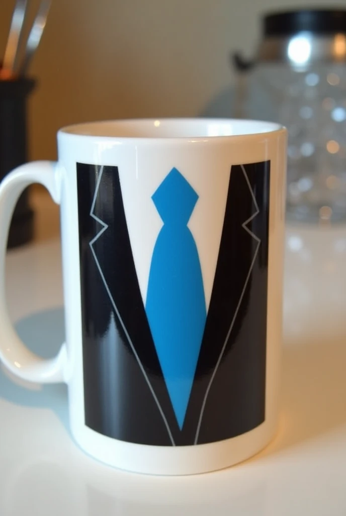 personalized mug with blue tie and black suit design