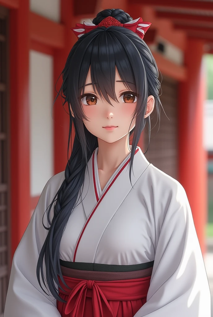 (Highest quality、Tabletop、8k、Best image quality)、(Beautiful Japanese Perfect Shrine Maiden:1.1)、(The perfect and most natural white robe of a shrine maiden:1.3)、(The perfect and most natural shrine maiden's red hakama:1.3)、(Woman's upper body photo:1.1)、Look at me、The best smile、The background is a magnificent and luxurious shrine.、The majestic and luxurious exterior resembles a real shrine、A gorgeous and authentic shrine with Niwa lacquerware
