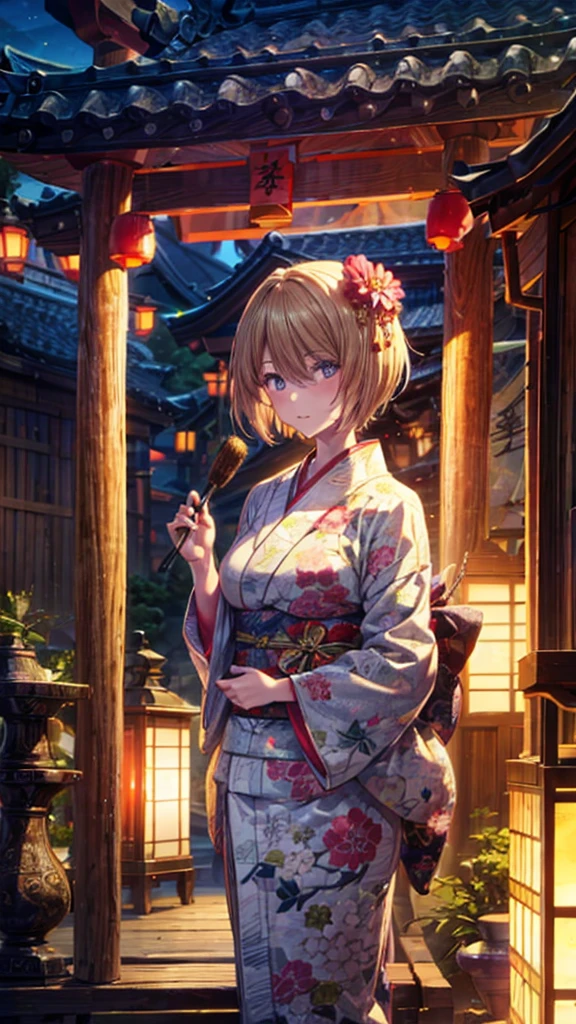 Blonde、Short Hair、cool、Beauty、Medium breast、Long-sleeved kimono、Background Shrine