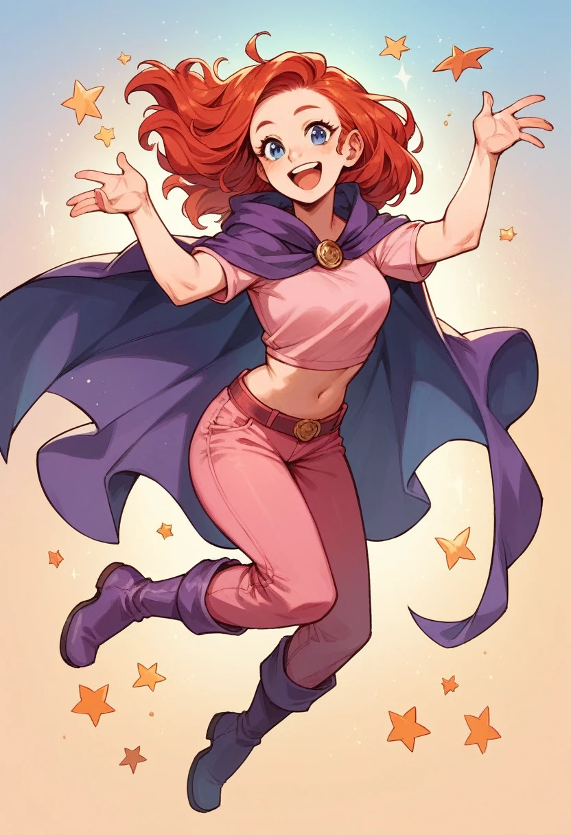 beautiful redhead girl with long red hair, blue eyes, pink shirt, bare belly, pink pants, purple boots, purple cape, happy,