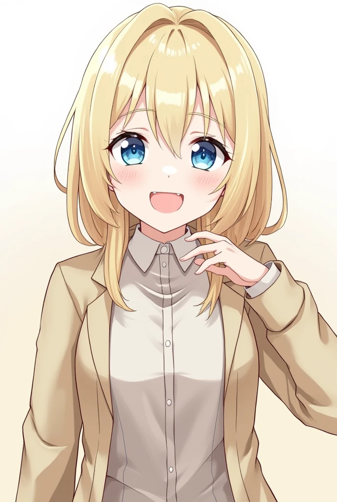 ChristiaAOT, 1girl, solo, christa renz, smile, hair between eyes, Blue eyes, blonde hair, jacket, medium hair,