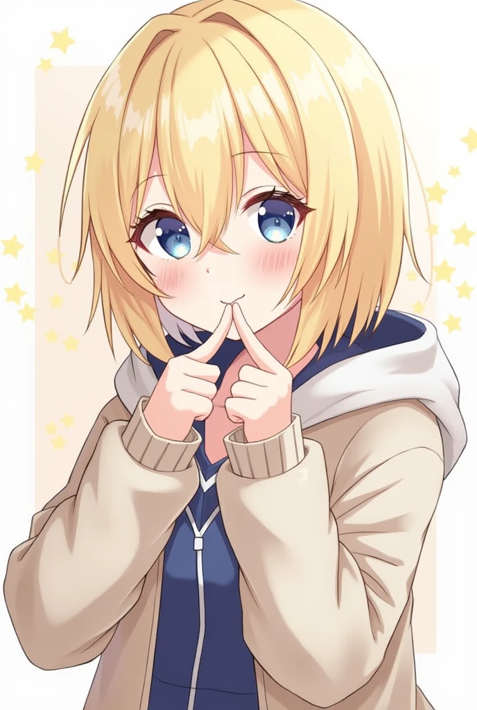 ChristiaAOT, 1girl, solo, christa renz, smile, hair between eyes, Blue eyes, blonde hair, jacket, medium hair,