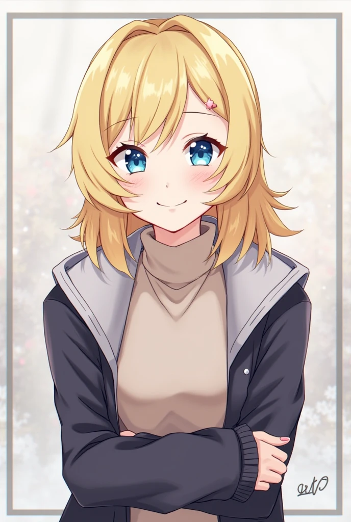 ChristiaAOT, 1girl, solo, christa renz, smile, hair between eyes, Blue eyes, blonde hair, jacket, medium hair,
