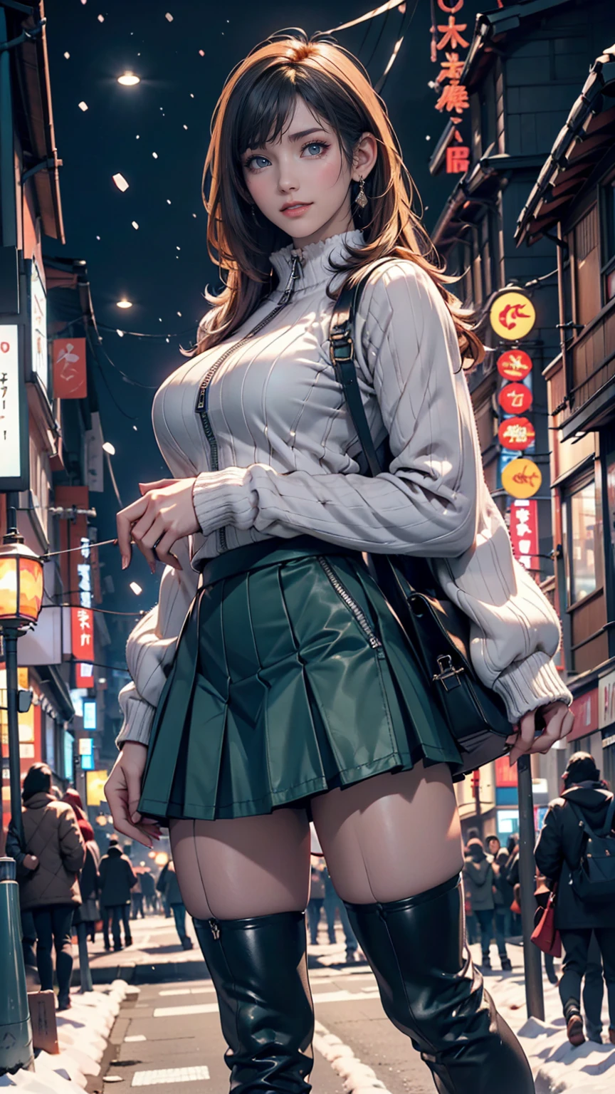 (1 female), unmanned, no one, landscape, winter, Christmas, city, Tokyo, Sidewalk, snow, light up, night, HD detailed, Super detailed, movie, Hyperrealism, Soft Light, Deep Focus Bokeh, Ray Tracing, Art Station pixivgwise, Makoto Shinkai, ArtJam、Micro Pleated Skirt、High Knee Socks、High neck zipper up top、Knee-high boots、Arms crossed、Realistic Breasts(Sagging due to gravity)、smile、Silver Hair、Green inner color