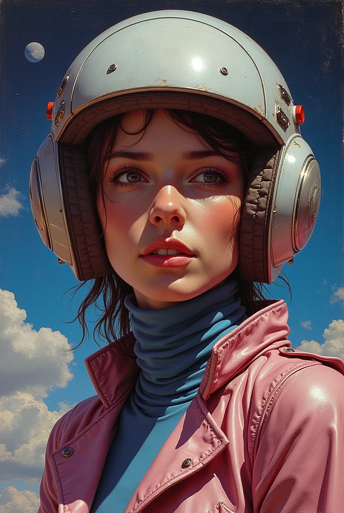 there is a painting of a woman with a helmet on, stephen hickman, synthwave art style ]!!, cinemascope panorama, atompunk, epically luminous image, pioneering aesthetic, spelljammer, futuristic france, juan gimenez, trending on artstaion, by Julian Allen, 7 0 s palette, maximalism. stunning, from a 2 0 1 9 sci fi 8 k movie  