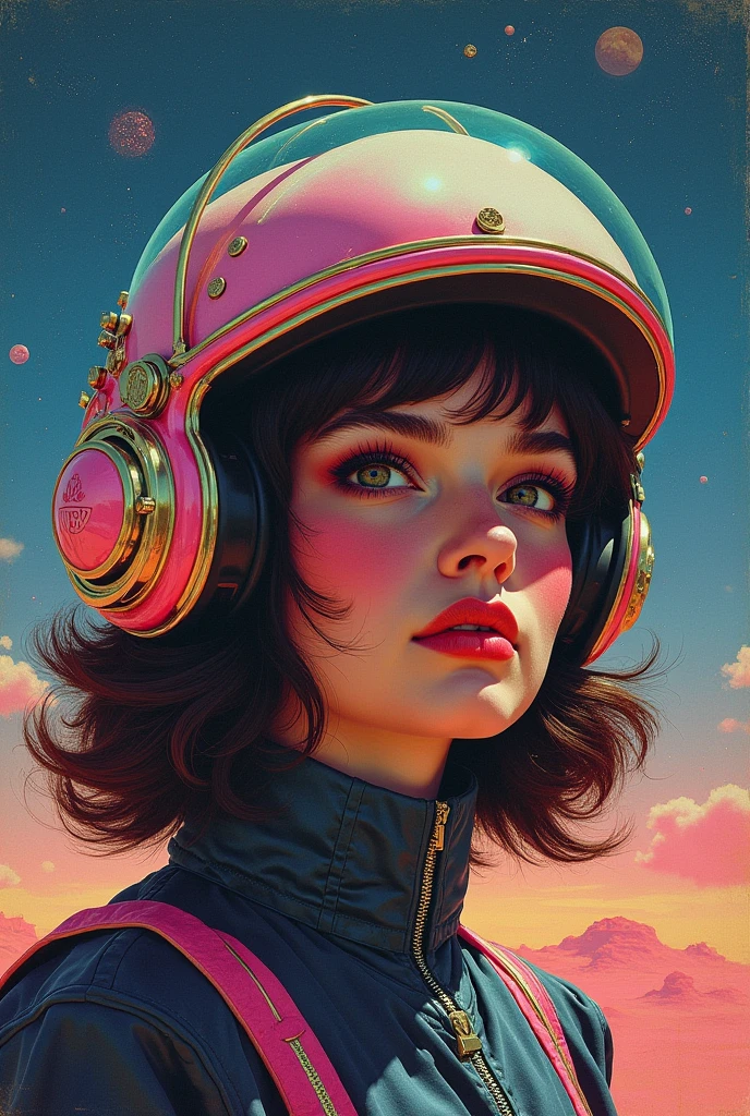 there is a painting of a woman with a helmet on, stephen hickman, synthwave art style ]!!, cinemascope panorama, atompunk, epically luminous image, pioneering aesthetic, spelljammer, futuristic france, juan gimenez, trending on artstaion, by Julian Allen, 7 0 s palette, maximalism. stunning, from a 2 0 1 9 sci fi 8 k movie  