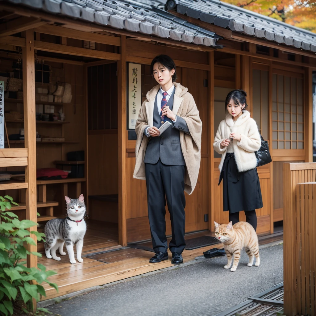 35mm lens,Cat,Standing,doll,Carrying a small school bag,Japanese style,tram,Hokkaido,Autumn Station,Wooden house,Platform, cloak,Ruan Jia,Suit,tie,花Cat,Stupid Dog,肌肉发达的雄Cat, (Delicate face), (Fine fluffy fur)