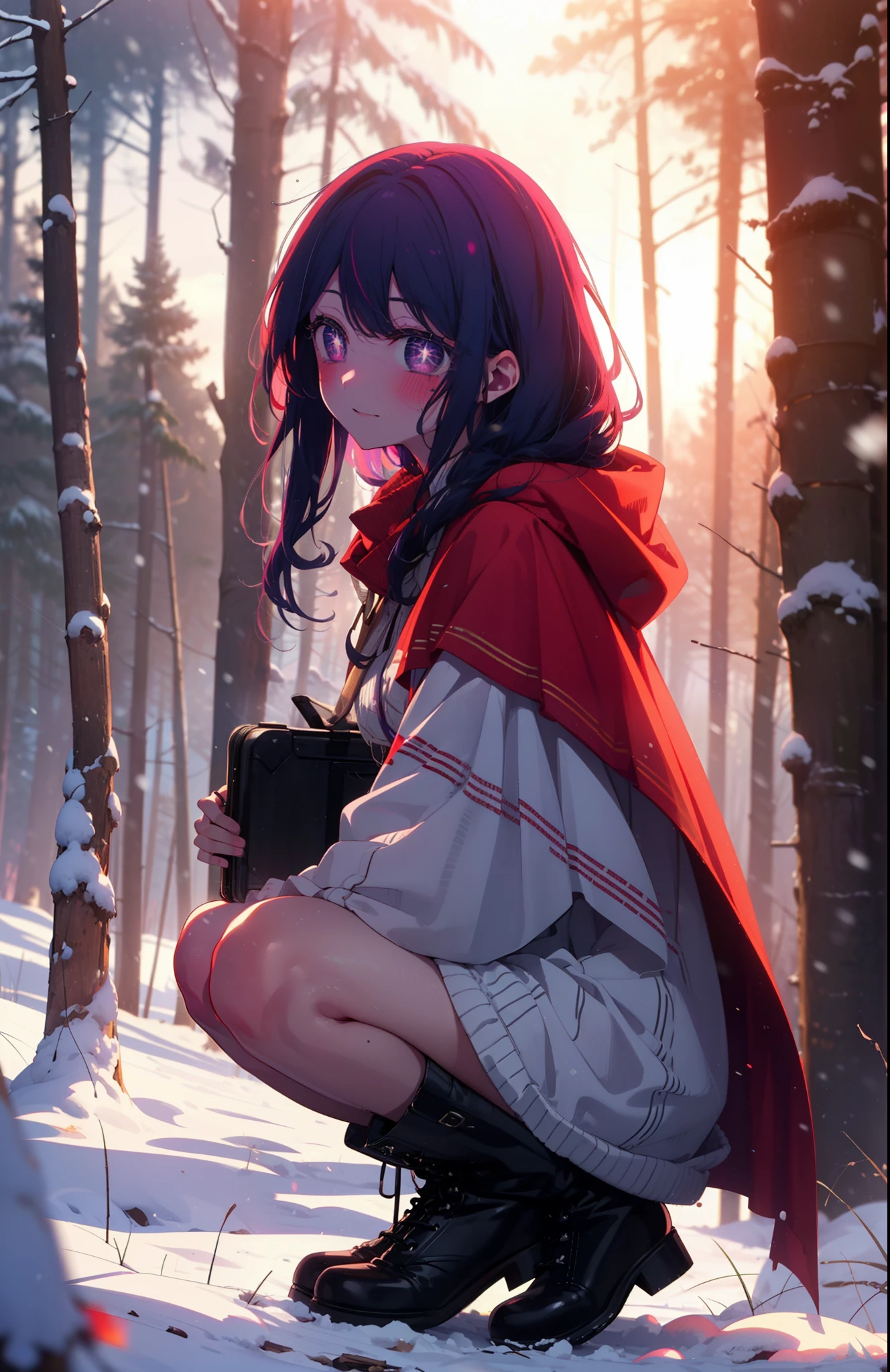 aihoshino, Ai Hoshino, Long Hair, bangs, (Purple eyes:1.1), Purple Hair, (Symbol-shaped pupil:1.5), smile,,smile,blush,white breath,
Open your mouth,snow,Ground bonfire, Outdoor, boots, snowing, From the side, wood, suitcase, Cape, Blurred, , forest, White handbag, nature, Squat, Mouth closed, Cape, winter, Written boundary depth, Black shoes, red Cape break looking at viewer, Upper Body, whole body, break Outdoor, forest, nature, break (masterpiece:1.2), Highest quality, High resolution, unity 8k wallpaper, (shape:0.8), (Beautiful and beautiful eyes:1.6), Highly detailed face, Perfect lighting, Extremely detailed CG, (Perfect hands, Perfect Anatomy),