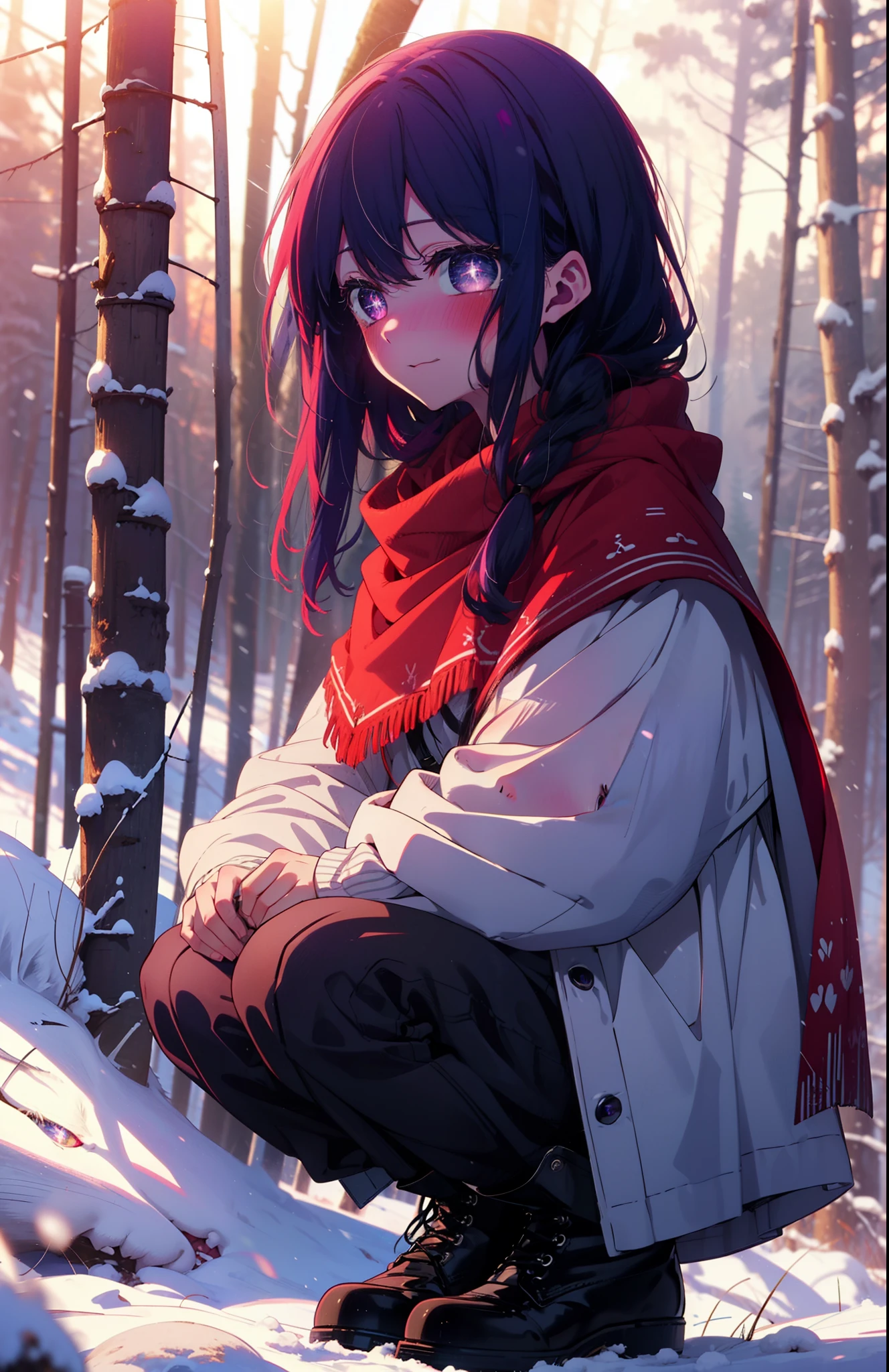 aihoshino, Ai Hoshino, Long Hair, bangs, (Purple eyes:1.1), Purple Hair, (Symbol-shaped pupil:1.5), smile,,smile,blush,white breath,
Open your mouth,snow,Ground bonfire, Outdoor, boots, snowing, From the side, wood, suitcase, Cape, Blurred, , forest, White handbag, nature, Squat, Mouth closed, Cape, winter, Written boundary depth, Black shoes, red Cape break looking at viewer, Upper Body, whole body, break Outdoor, forest, nature, break (masterpiece:1.2), Highest quality, High resolution, unity 8k wallpaper, (shape:0.8), (Beautiful and beautiful eyes:1.6), Highly detailed face, Perfect lighting, Extremely detailed CG, (Perfect hands, Perfect Anatomy),