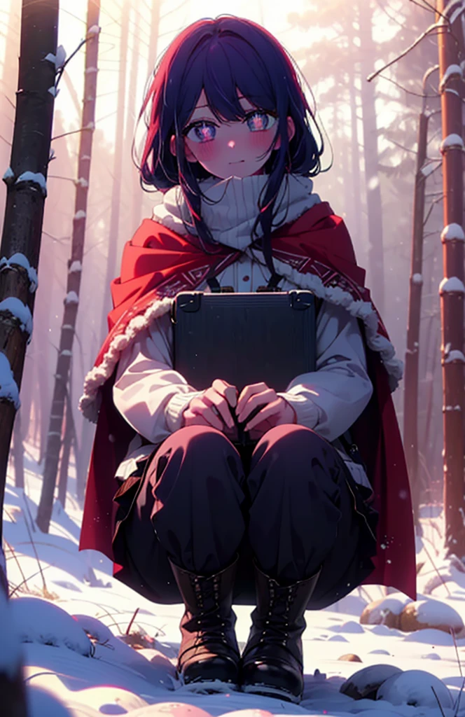 aihoshino, Ai Hoshino, Long Hair, bangs, (Purple eyes:1.1), Purple Hair, (Symbol-shaped pupil:1.5), smile,,smile,blush,white breath,
Open your mouth,snow,Ground bonfire, Outdoor, boots, snowing, From the side, wood, suitcase, Cape, Blurred, , forest, White handbag, nature,  Squat, Mouth closed, Cape, winter, Written boundary depth, Black shoes, red Cape break looking at viewer, Upper Body, whole body, break Outdoor, forest, nature, break (masterpiece:1.2), Highest quality, High resolution, unity 8k wallpaper, (shape:0.8), (Beautiful and beautiful eyes:1.6), Highly detailed face, Perfect lighting, Extremely detailed CG, (Perfect hands, Perfect Anatomy),