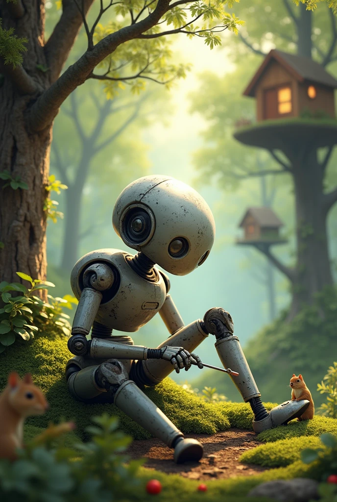 A small robot sitting on the floor, with a screwdriver in his hand trying to fix one of his legs that broke.
They are in a forest with some tree houses