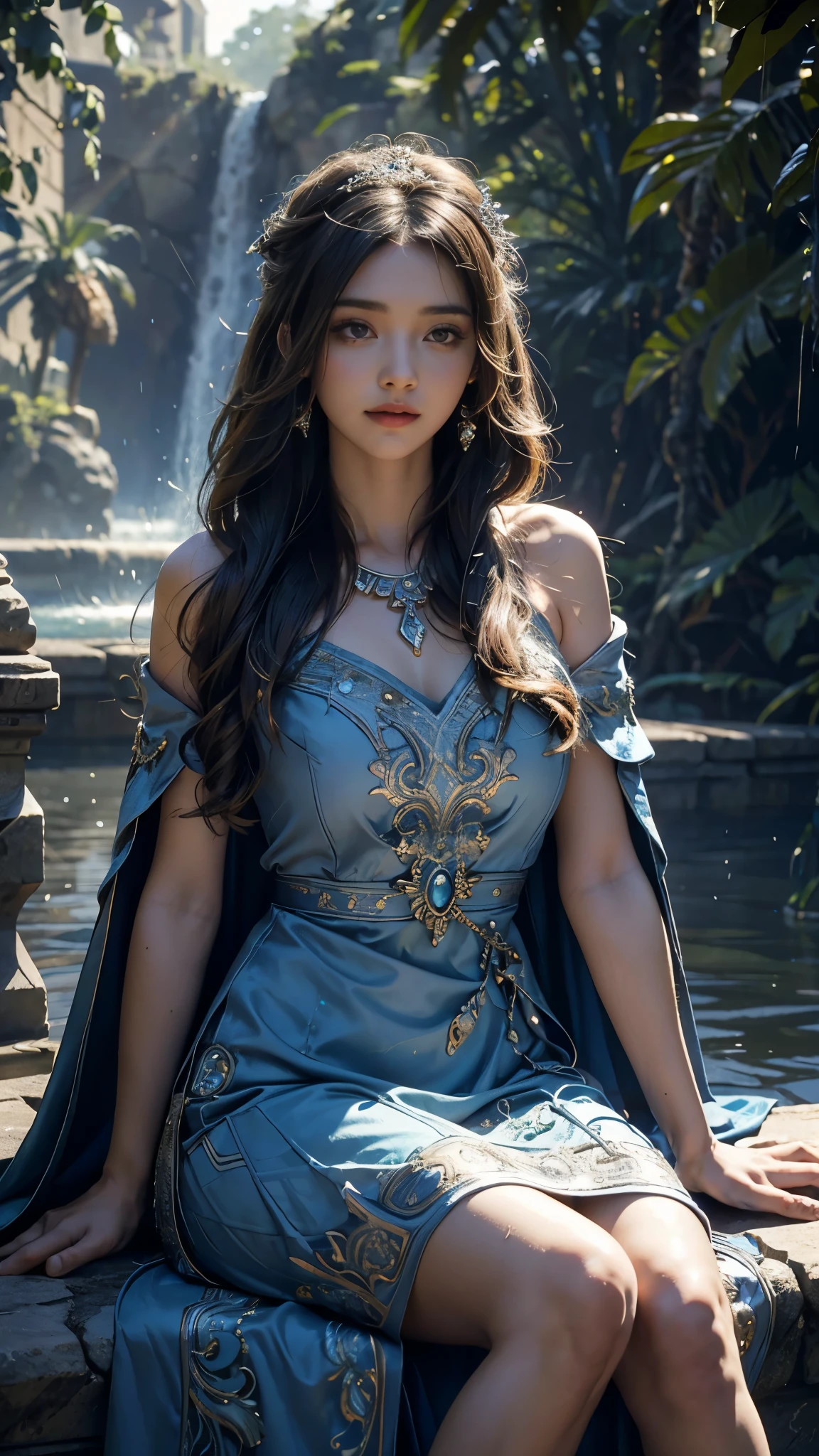 4K, UHD, Masterpiece, 1 girl, good face, detailed eyes, ((very long hair)), bridal hairstyle, butterfly on hair, ornaments, crystal ornaments, jwellery, block print dress, ((blue dress)), very detailed dress, strap dress, flowing cape, mesh stocking, cinematic unreal scenery, legendary scenery, rainy weather, wet ground, depth of field, ray tracing, bloom, god rays, lens flare, sun flare, cinematic pose, sitting,
