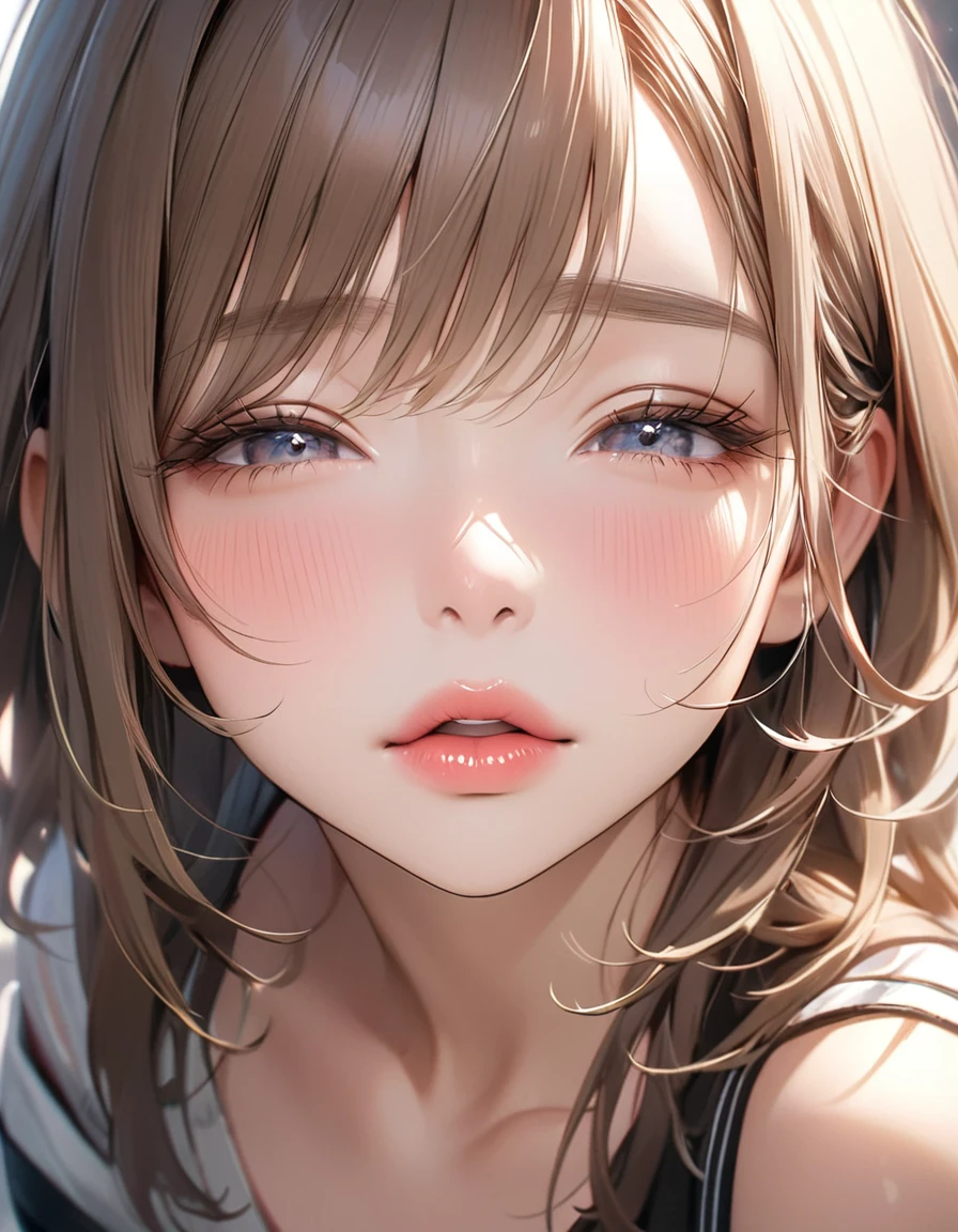 The face of a beautiful girl approaches the viewer, (Girls kissing), alone, Perfect and attractive face, Mouth trying to kiss, close your eyes, Put your chin forward, Expectations, Shyness, joy, blush, Realistic and attractive nose, Delicate and elegant eyelashes, Fine and thin eyebrows, Natural Makeup, Delicate and perfect brushwork, young and lively々Fresh Skin, break: Showing affection to the audience, Expectations, Shyness, joy, blush, I close my eyes in fear, Put your chin forward, Lips asking for a kiss, Detailed and realistic skin texture, Cute and sexy gestures that will charm you, ((Facing the audience)), View your viewers, Jaw sticking out, Please lower your eyelids, Detailed and engaging, Seduce you, break ((Gently closed eyelids)), The approaching lips, break (close your eyes, Lips asking for a kiss, Approaching Face, Chin forward), (look up:1.3), ((Facing you)), break Face up and look up, Mouth closed for a kiss, (close your eyes:1.3), Expectations, Shyness, joy, blush, Realistic and captivating depictions, First-person view of the viewer, The kiss, (Close-up of face seen from above:1.2).